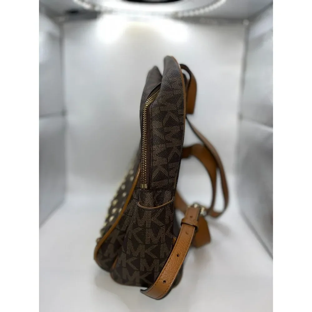 Michael Kors Abbey Medium Studded Backpack Brown MK Signature PVC Gold Logo Tag